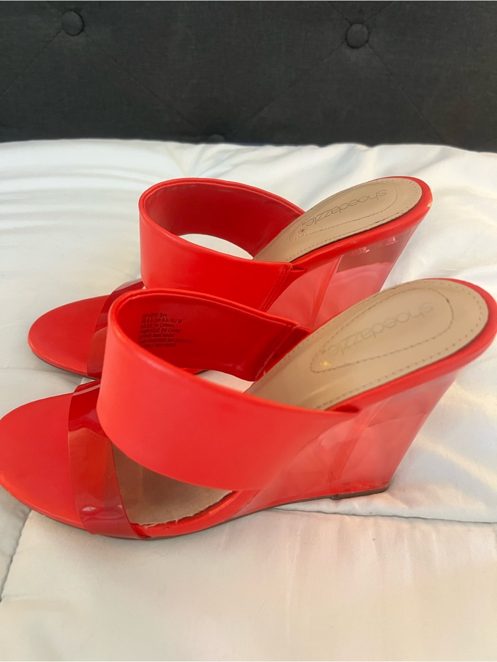Shoe Dazzle Bright Red Patent Wedge Slide Sandals